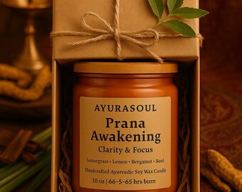 Prana Awakening| AYURASOUL Soy Wax Candle| Ayurvedic Aromatherapy | Tranquil Soul, Gift Candle, Self Care, Relaxation, Natural