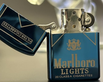 Encendedor recargable azul vintage, metal grabado, regalo para hombres