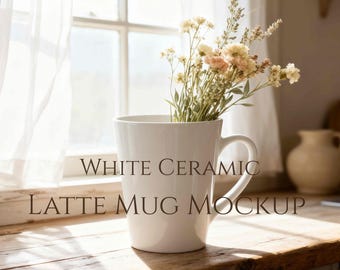 Maqueta de taza de café con leche blanca con flores / Maqueta de taza de café estilo campestre de 12 oz