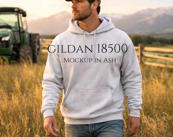 Gildan 18500-hoodiemodel essenhout, robuust herenmodel met blauwe kraag, grijze trui met capuchon