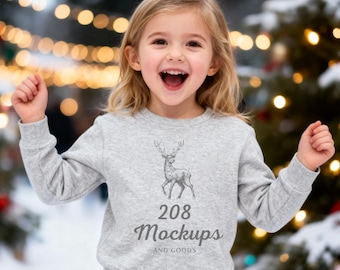 Rabbit Skins 3317 Toddler Sweater Mockup, Kid's Heather Gray Crewneck Outdoorsy Mockup for Winter