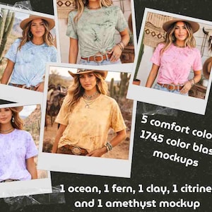 May include: A collage of five photos showcasing tie-dye t-shirts in various colors: blue, green, pink, yellow, and purple. The text reads "5 comfort colors, 1745 color blast mockups" and lists the colors: ocean, fern, clay, citrine, and amethyst.