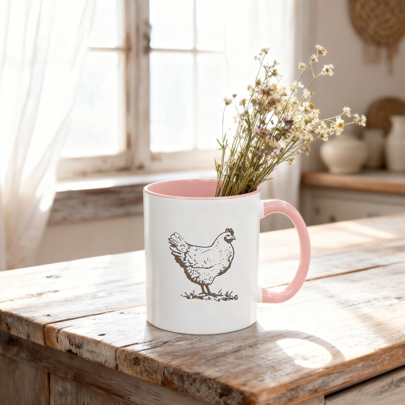 Pink accent coffee mug mockup styled on a rustic farmhouse kitchen counter with soft spring sunlight and wildflowers inside, Mother’s Day and Easter themed product photo.