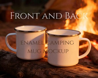 Maqueta de taza de camping esmaltada frontal y trasera, foto estilo taza de café para fogata.