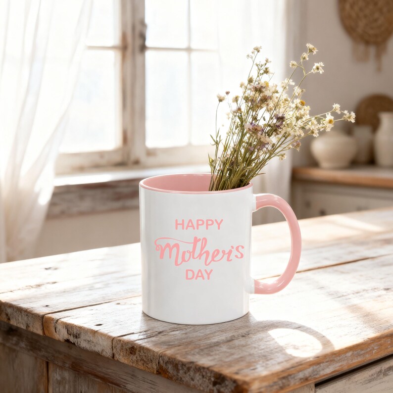 Pink accent coffee mug mockup styled on a rustic farmhouse kitchen counter with soft spring sunlight and wildflowers inside, Mother’s Day and Easter themed product photo.