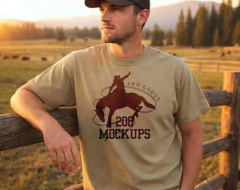 Comfortkleuren 1717 Khaki Mockup | Mockup western-T-shirt heren | Landelijke zonsondergangstijl