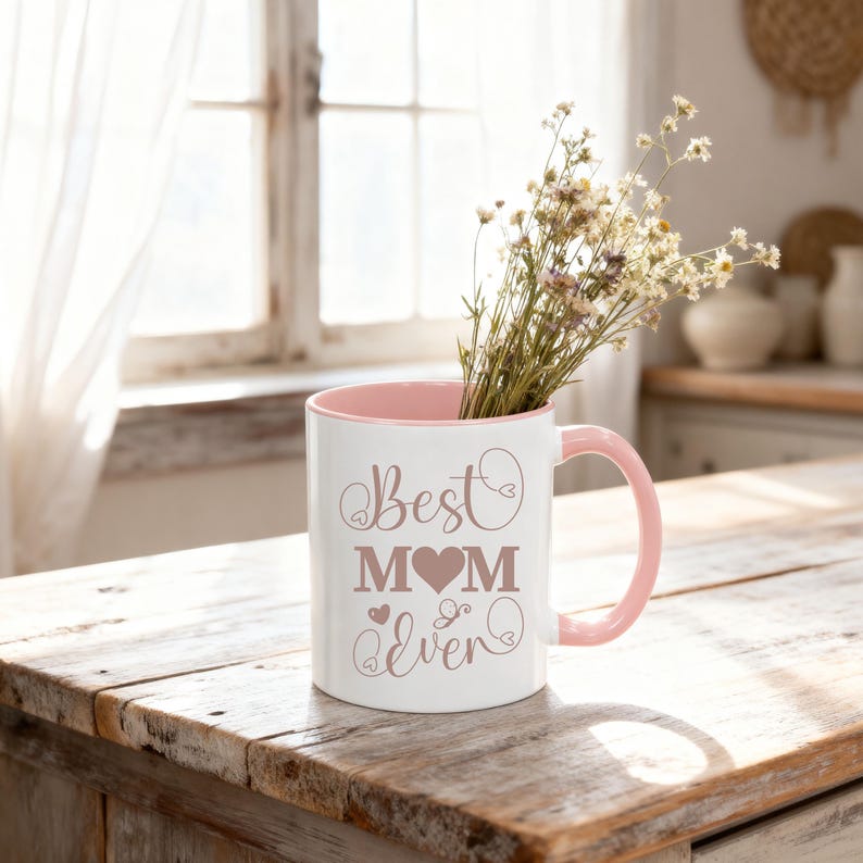 Pink accent coffee mug mockup styled on a rustic farmhouse kitchen counter with soft spring sunlight and wildflowers inside, Mother’s Day and Easter themed product photo.