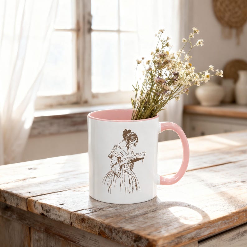 Pink accent coffee mug mockup styled on a rustic farmhouse kitchen counter with soft spring sunlight and wildflowers inside, Mother’s Day and Easter themed product photo.