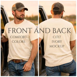 May include: A two-panel image showcasing a cream-colored t-shirt mockup. The front view displays the shirt with the text "FRONT AND" and "COMFORT COLORS." The back view shows the shirt with the text "BACK," "C1717," "IVORY," and "MOCKUP." The model wears a brown cap and blue jeans.