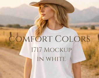 Comfort Colors 1717 wit model, oversized western cowgirl-T-shirtmodel, landelijke stijl