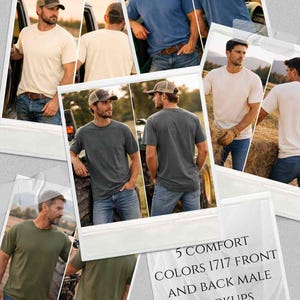 Puede incluir: Un collage de imágenes que muestran camisetas para hombre en varios colores, incluyendo crema, azul y verde oliva. Las camisetas se presentan desde la parte delantera y trasera, con el texto "5 COMFORT COLORS 1717 FRONT AND BACK MALE MOCKUPS" visible.