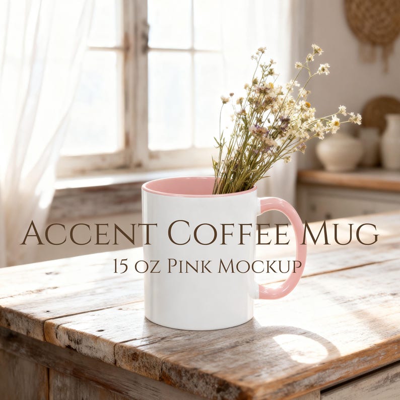 Pink accent coffee mug mockup styled on a rustic farmhouse kitchen counter with soft spring sunlight and wildflowers inside, Mother’s Day and Easter themed product photo.
