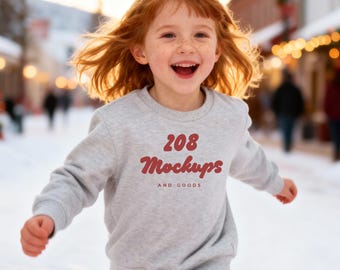 Maqueta de sudadera con cuello redondo jaspeado Rabbit Skins 3317, maqueta de sudadera gris de invierno para niños, escena navideña