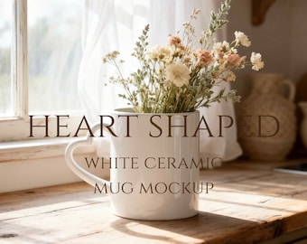 Maqueta de taza con forma de corazón, maqueta de cerámica blanca de Printify, cocina rústica.