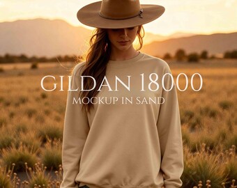 Western Gildan 18000 Sand Mockup, Beige Cowgirl Crewneck Sweater Mockup