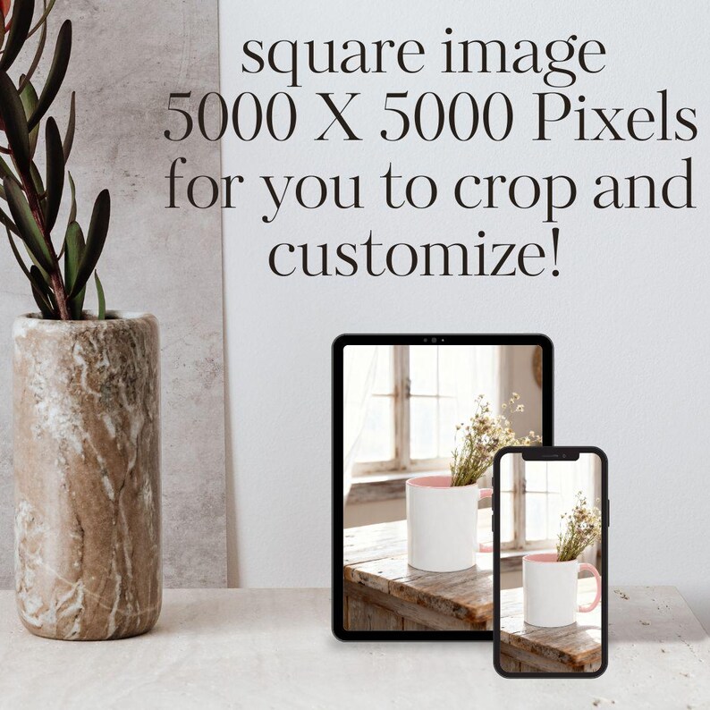 Puede incluir: Un jarr&oacute;n con vetas de m&aacute;rmol contiene vegetaci&oacute;n, junto a una tableta y un tel&eacute;fono que muestran una taza blanca con interior rosa y flores. El texto dice: "square image 5000 X 5000 Pixels for you to crop and customize!"