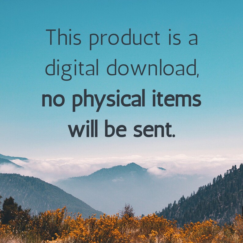Puede incluir: Un paisaje monta&ntilde;oso pintoresco con cielo azul y nubes. Superposici&oacute;n de texto: "This product is a digital download, no physical items will be sent."