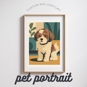 Individuell angefertigtes Mid-Century Modern Tierportrait Retro Tierportrait Download Vintage Moderne Kunst Personalisierte Haustier Illustration