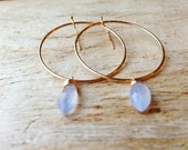 periwinkle chalcedony gold hoop earrings, 14 karat gold filled periwinkle purple lavender earrings