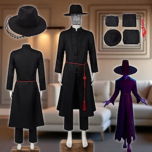 Kostium cosplay Saja z Kpop Demon Hunters | Czarna szata i kapelusz dla mężczyzn i kobiet | Odzież na Halloween lub imprezę anime