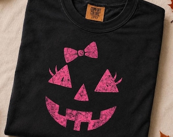 Pink Pumpkin Face T-Shirt, Cute Halloween Shirt, Comfort Colors Women's Tee, Spooky Season TShirt, Autumn Apparel