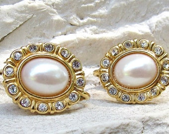 80s NAPIER Faux PEARL RHINESTONE Clip Ons with Safety Screws Casual Dressy
