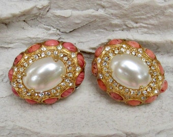 KLJ Rhinestone Clip On Earrings, Faux Pearl Coral Cabochons Collectible 60s-70s
