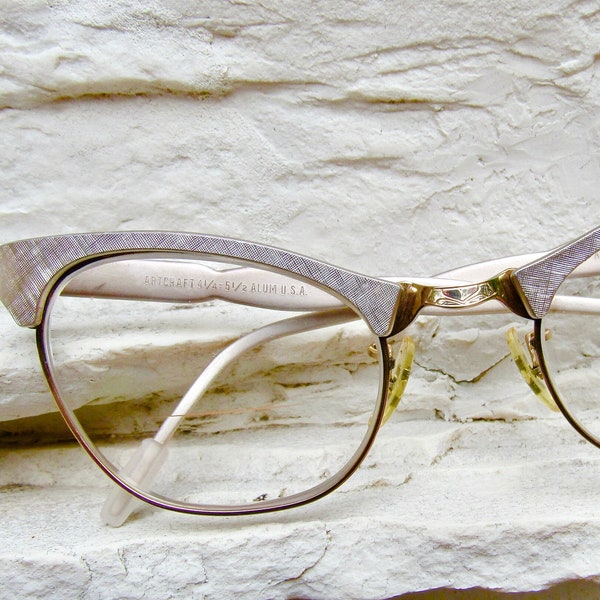 50s CAT Eye ARTCRAFT USA Aluminum Cat Eye PreOwned Silver Etched Aluminum Gold Filled 12K Accents Prescription Lenses