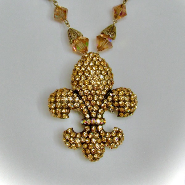 GLAM Fleur De Lis NECKLACE Dual Brooch Vintage AB Crystal Bicones Ornate Statement Necklace