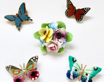 VTG Pin Collection FLORAL Porcelain, Enamel & Painted Butterflies