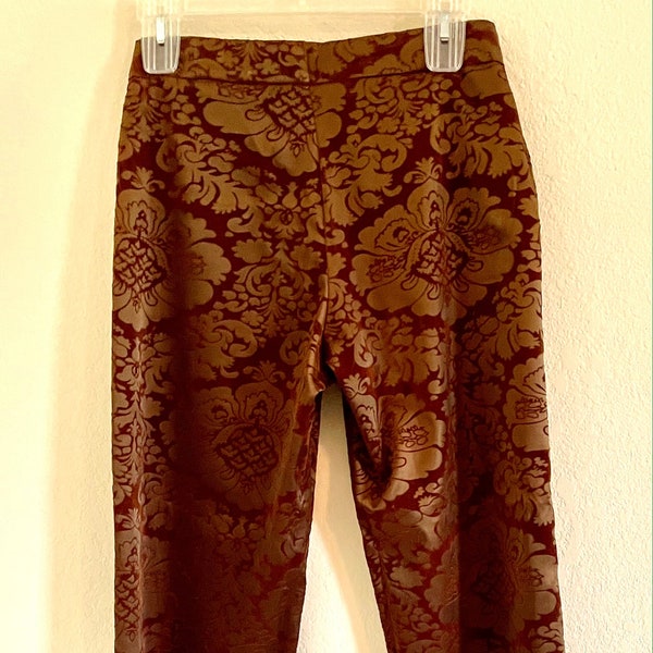 Vtg Wide Leg Pants Chocolate Brown Dressy Casual FELT Faux Brocade POLY LYCRA Boot Legs X-Small