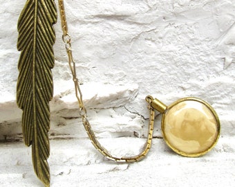 Victorian Double Sided Photo Charm Bookmark, Feather Marker, Personalize Your Photos, Antique Chain
