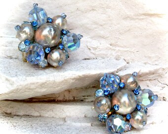 1950s DeMario NY Gray Dimpled Pearl Baby Blue Crystal Cluster Gilt Clip On Earrings