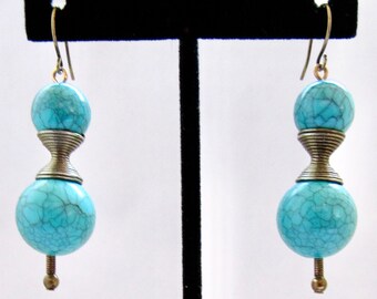 80s SPACE DESIGN Dangles BY StepInTime Turquoise Brass Shepherds Hook