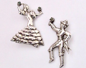 1940s FLAMENCO DANCERS Silver PAIR Mexico Silver Brooches Pins Turquoise Maracas