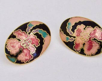 1970s FLORAL Cloisonne ENAMEL Peach Pink Black Gold LARGE Oval Post Earrings