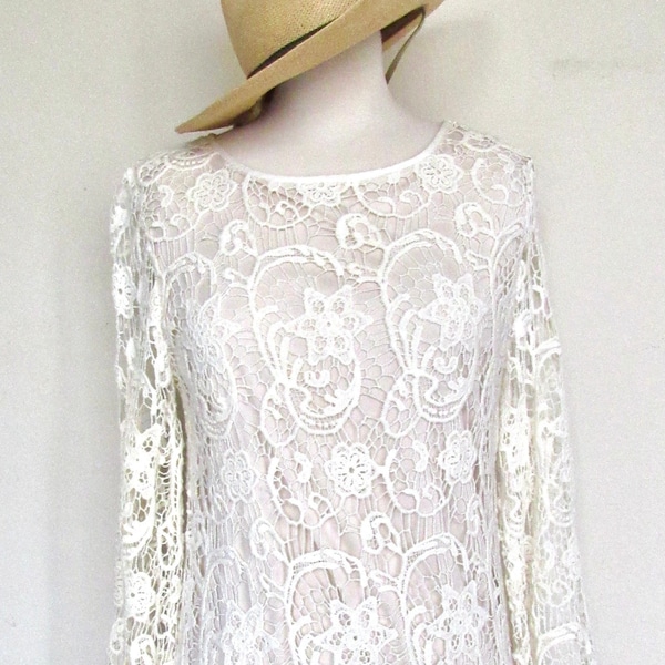 Vtg LACE TUNIC Crochet Cover Up Dress Wedding Lined Size M