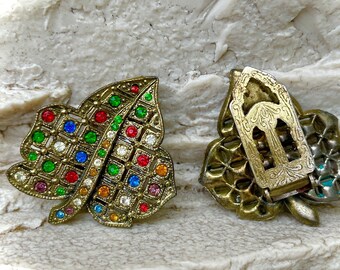 Art Deco Dress Clips Pair, Czech Fruit Salad Rhinestones