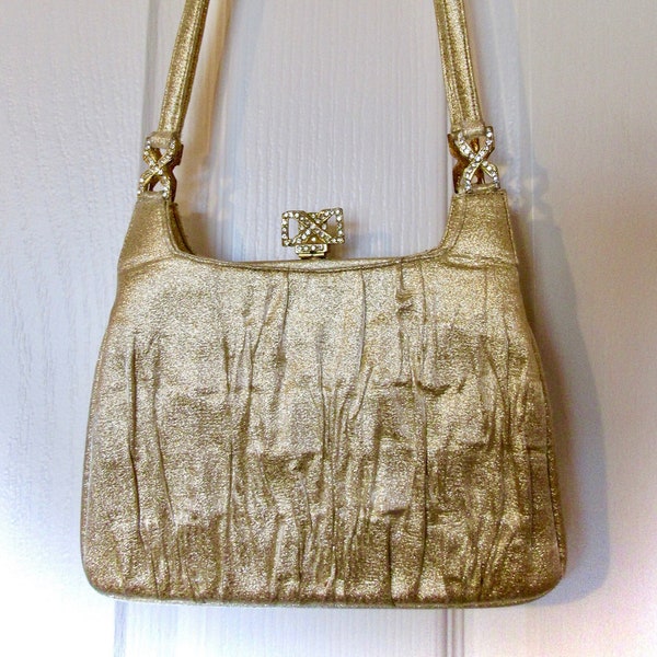 On Sale ITALY LOU TAYLOR Gold Lame Fabric Evening Purse Gold Metal Rhinestone Accents Hidden Attached Mirror Long Shoulder Straps