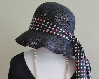 1960s Black Straw Sun Hat with Polka Dot Scarf (21.25" Diameter)