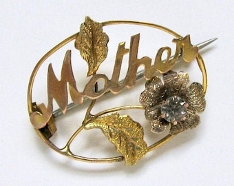Antique VICTORIAN MOTHER Open Work PIN Brooch Two Toned Rose And Yellow Gold Hallmark F9CT Aquamarine C Clasp