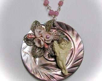 Vintage Mother of Pearl Angel Pendant Necklace, 1950s Floral Filigree StepInTime Design