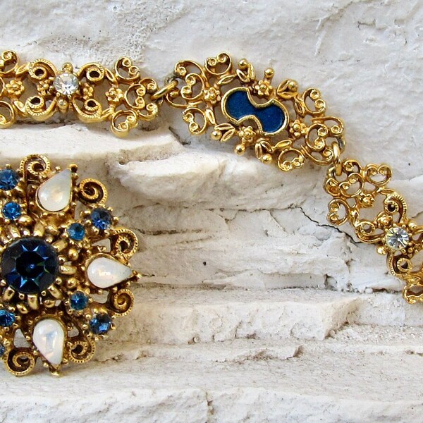 1950s FLORENZA BRACELET Paired With FLORENZA Brooch Pin Filigree Enameled Sapphire Crystal Moon Stone Gold Plated