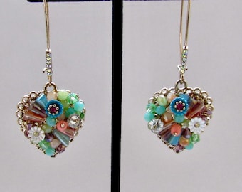 Vtg Heart Earrings Beaded Long Dangles Filigree