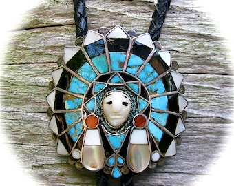 ZUNI JOHN LUCIO Comanche Dancer 1950s Turquoise Large Bolo Tie Book Piece