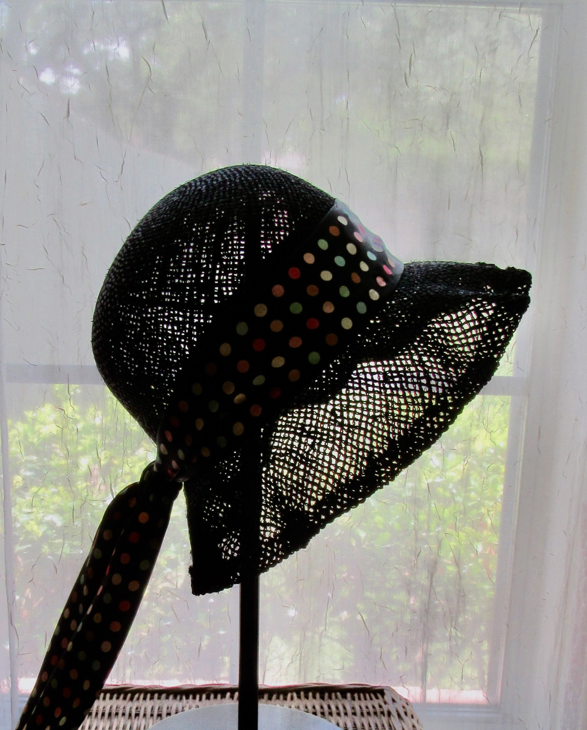 Vintage Black Straw Sun Hat with Polka Dot Bow 1960s Black Straw Sun Hat With Polka Dot Scarf (21.25  main image 2