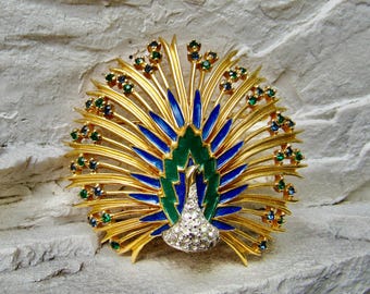 MC Peacock BROOCH Large Statement JOMAZ 50s Enamel Rhine Gold Plated