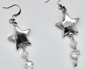 SILVER FALLING STARS Crystal Sparkling Accent Beads Dangle Earrings One of a Kind StepInTime Design