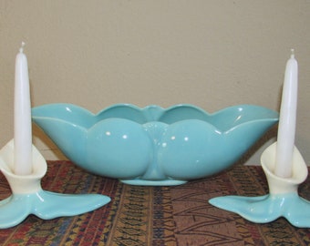 Vtg LILY CENTERPIECE Candle HOLDERS Fruit Bowl Turquoise & Cream Pottery