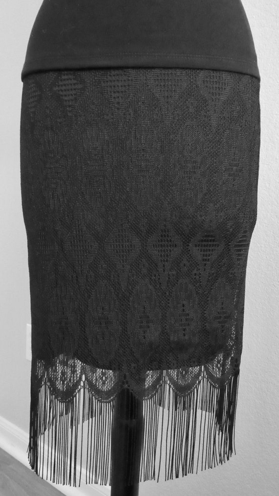 Vtg Black Lace Fringed Skirt Polyester Small
